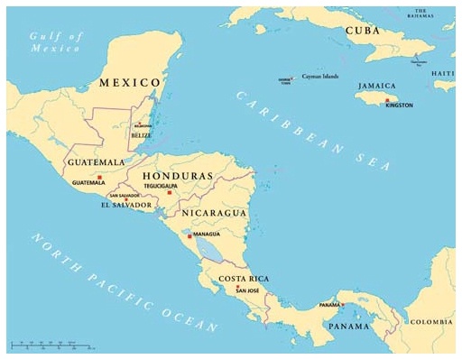 Description de l'image par IA : Carte de l'Amérique centrale avec les pays et les océans environnants.