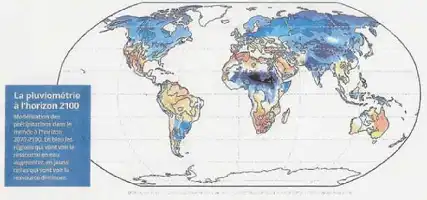 Description de l'image par IA : Carte climatique mondiale pour l'horizon 2100, montrant les changements de précipitations et les régions affectées.
