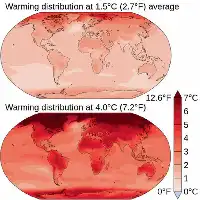 Description de l'image par IA : Cartes mondiales montrant la distribution du réchauffement climatique à 1,5°C et 4,0°C.