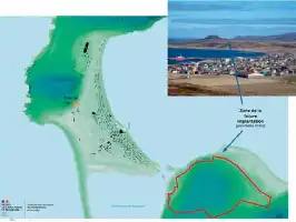 Description de l'image par IA : Carte géographique avec zone future implantation, vue aérienne de la zone côtière.