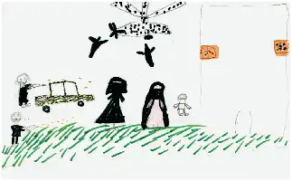 Description de l'image par IA : Des femmes et des enfants fuient en courant, un hélicoptère les survole, des oiseaux volent autour.