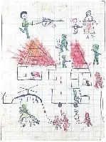 Description de l'image par IA : Des enfants, des maisons en feu, des assaillants en vert, des victimes en rouge, des balles rouges, un enfant figé.