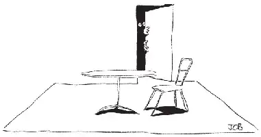 Description de l'image par IA : Table ronde avec une chaise devant une porte entrouverte, une personne observe depuis l'intérieur.