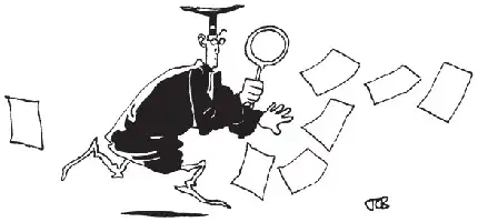 Description de l'image par IA : Dessin d'un homme en costume tenant une loupe, entouré de papiers volants.