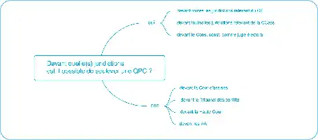 Description de l'image par IA : Diagram de décision sur les juridictions pour QPC avec options et sous-options.