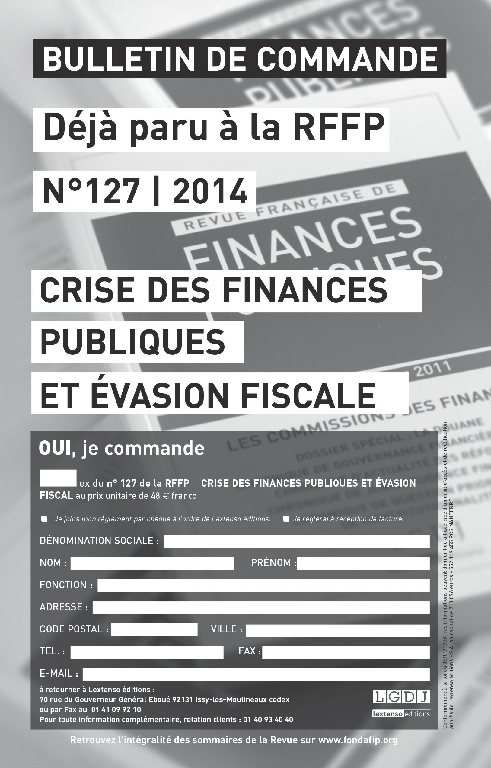 Description de l'image par IA : Black and white document titled "BULLETIN DE COMMANDE" with text fields for ordering a publication.